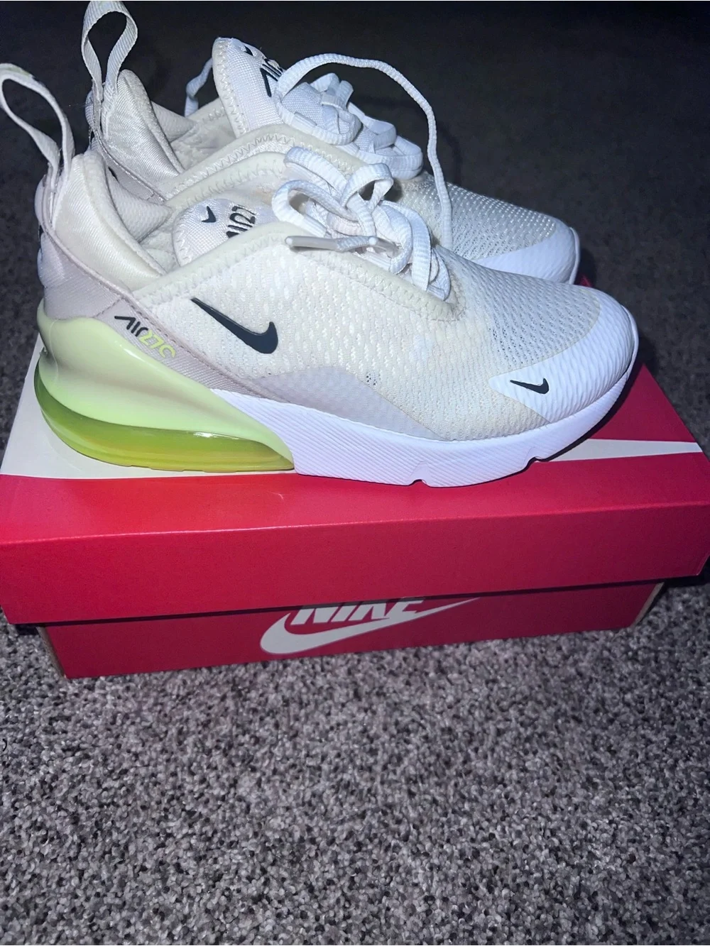 Nike Kids Air Max 270 Sneakers in White with Neon Yellow Heel